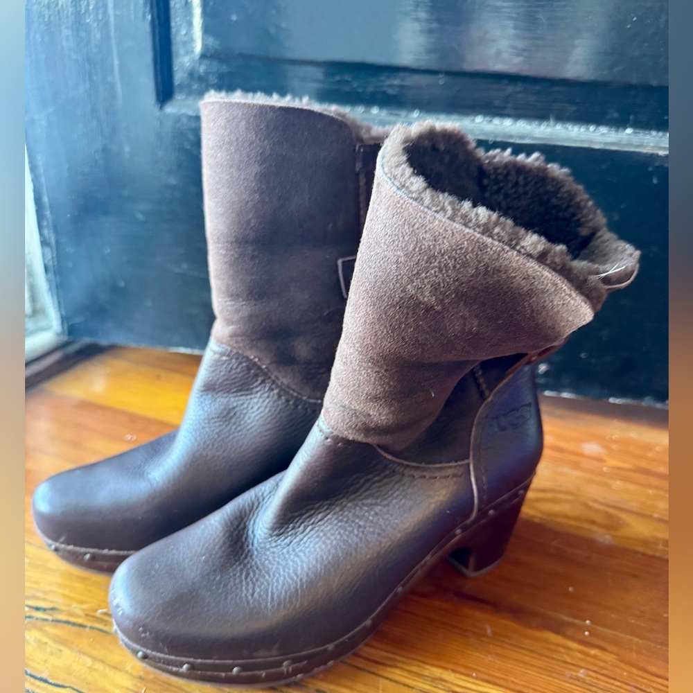 UGG Brown Sheepskin lined wood heel with metal stud work “Lynnea” Boots - Picture 2 of 16